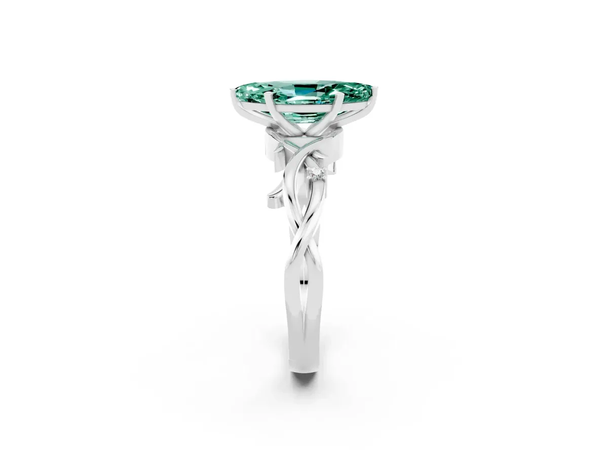 Marquise Cut Green Sapphire Solitaire Ring with Twisted Band and Prong Setting Silver