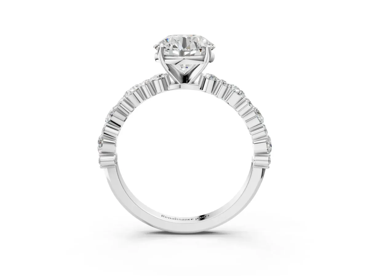 Round Cut Diamond Side Stone Solitaire Ring with Round Moissanite and Four-Prong Setting White gold
