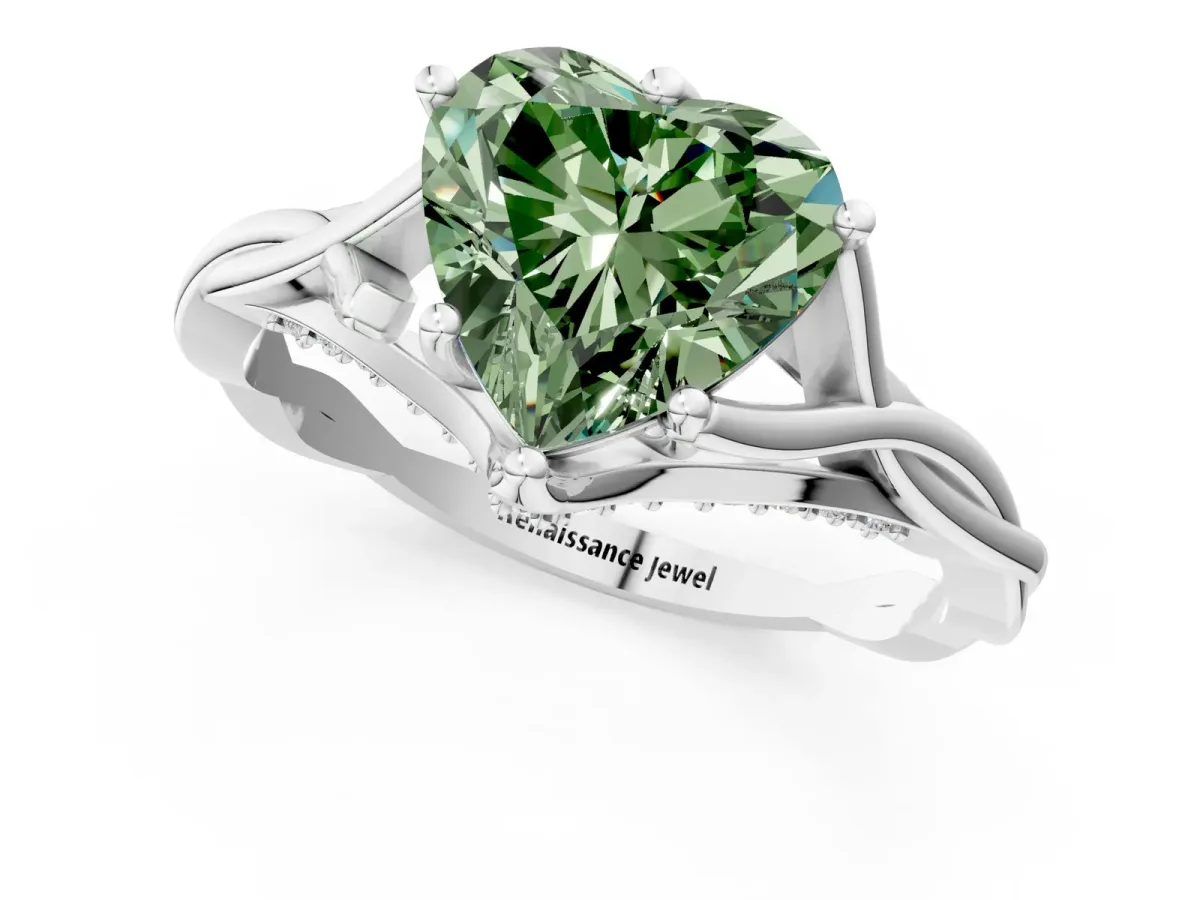 Fancy Green Heart Cut Solitaire Twist Band Six-Prong Setting Platinum