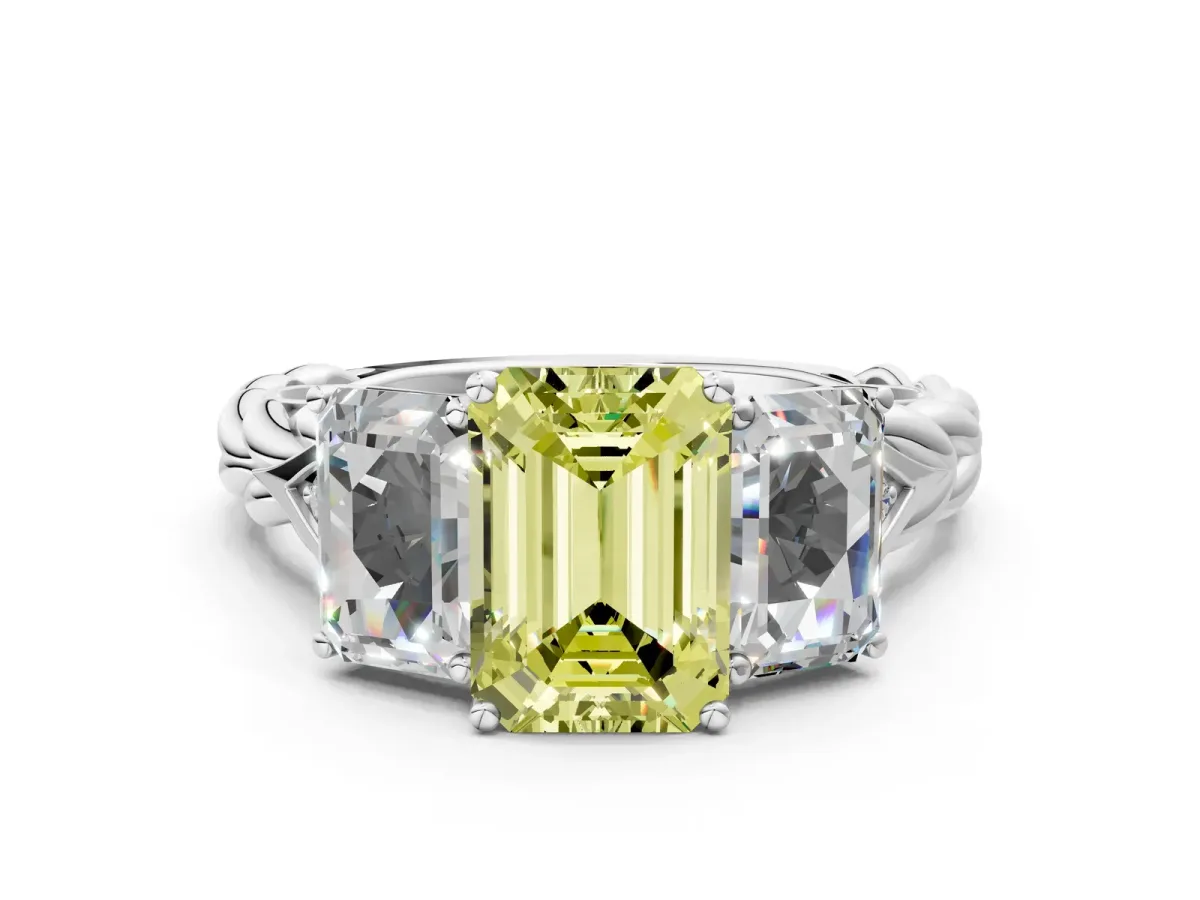Fancy Yellow Three-Stone Emerald Cut Diamond Braided Band Ring with Four-Prong Setting Silver