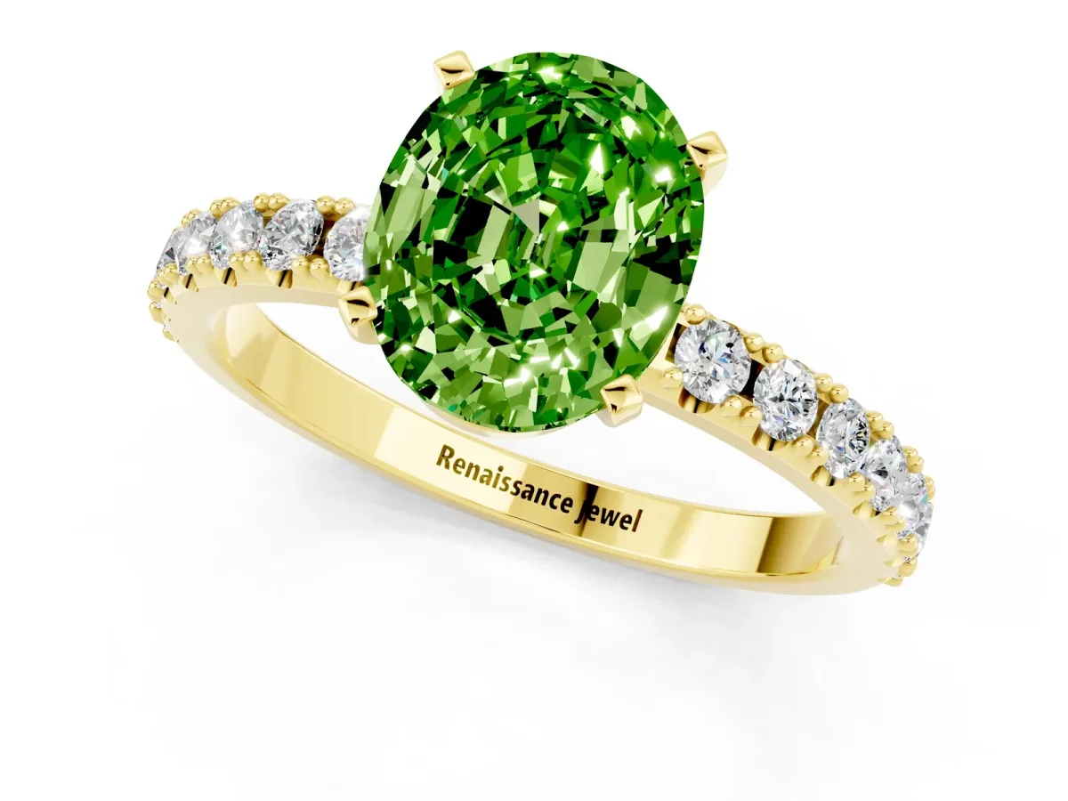 Oval Cut Peridot Solitaire Pavé Band with Four-Prong Setting Yellow gold