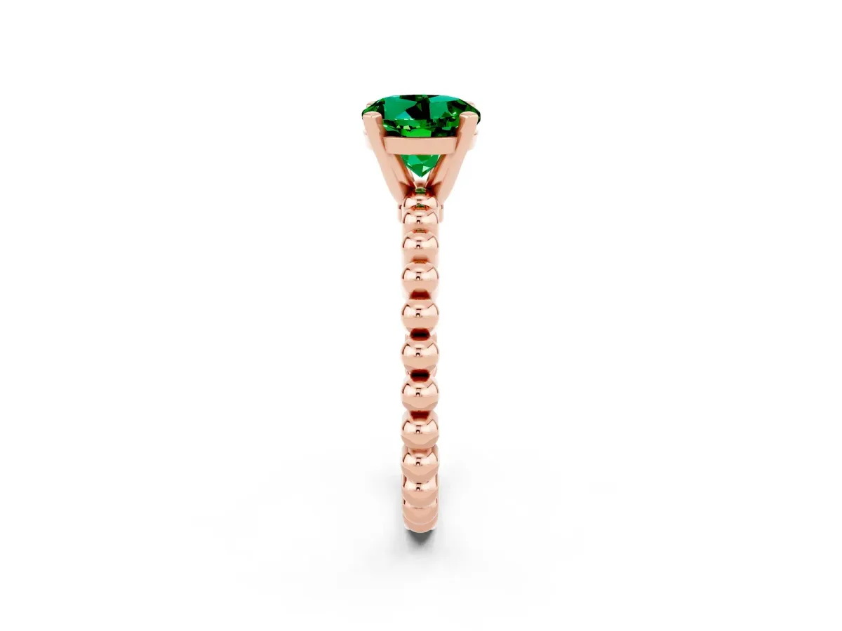 Round Cut Emerald Solitaire Ring with Beaded Band and Prong Setting Rose gold