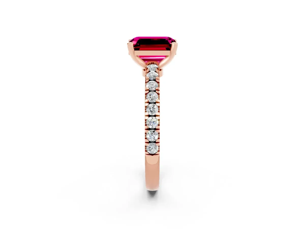 Emerald Cut Solitaire Garnet with Pavé Band and Four-Prong Setting Rose gold