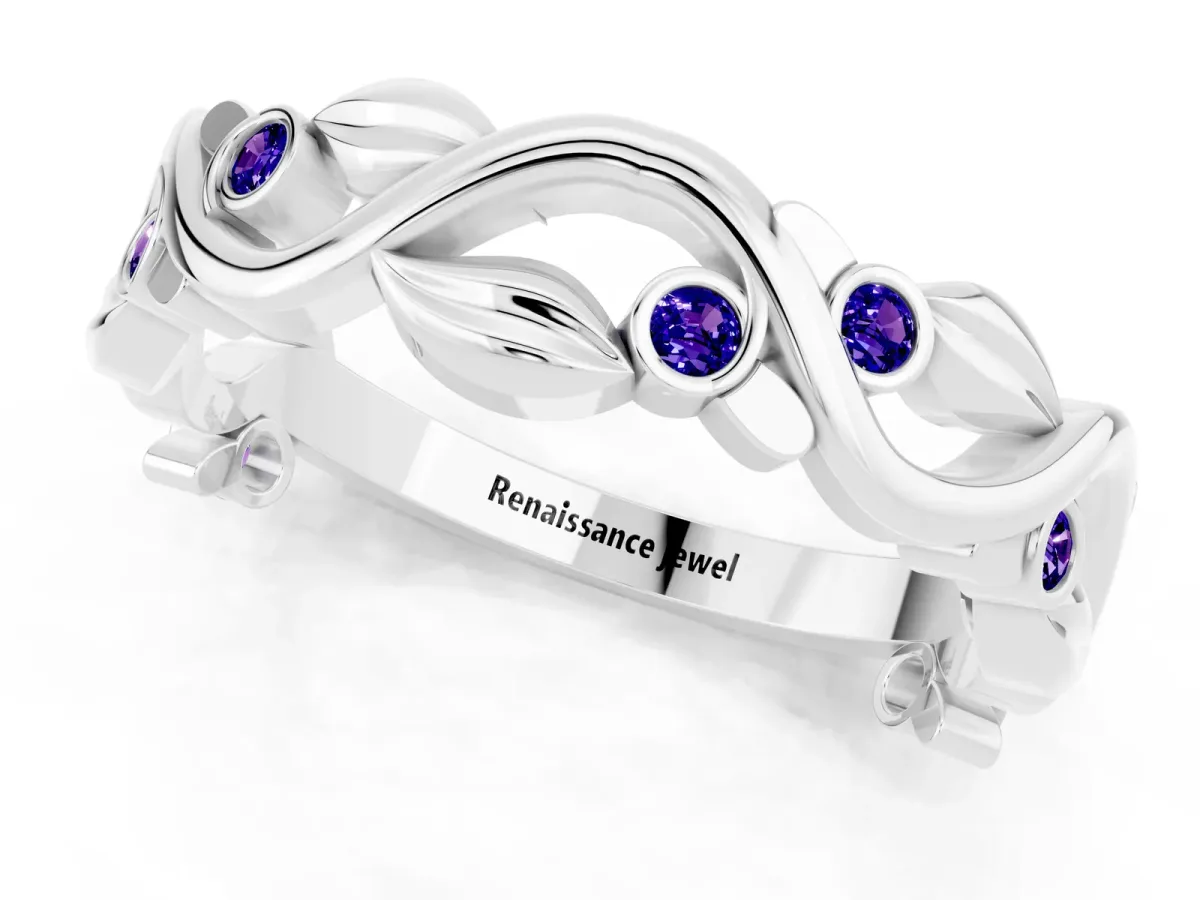 Round Tanzanite Leaf Eternity Band with Bezel Setting White gold