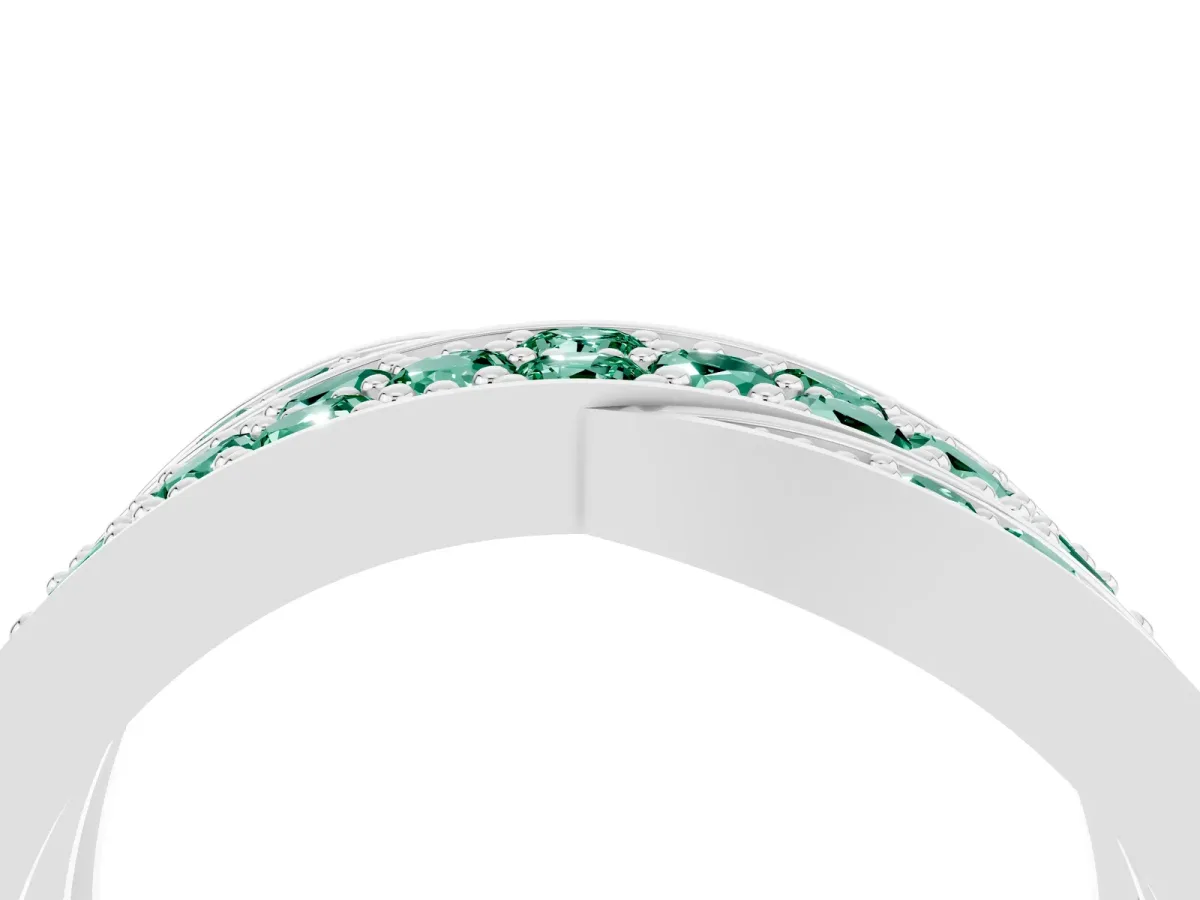 Pavé Round Green Sapphire Crossover Band with Bead Prong Setting Platinum