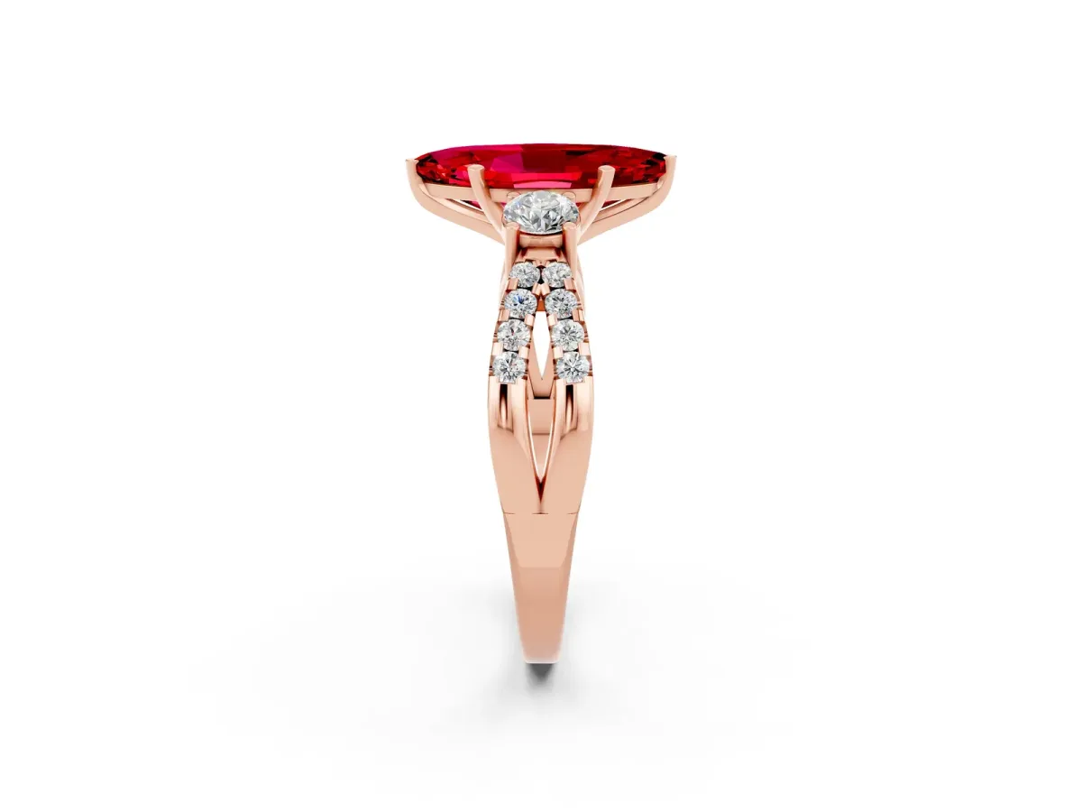 Marquise Cut Ruby Three-Stone Ring with Pavé Split Shank and Four-Prong Setting Rose gold