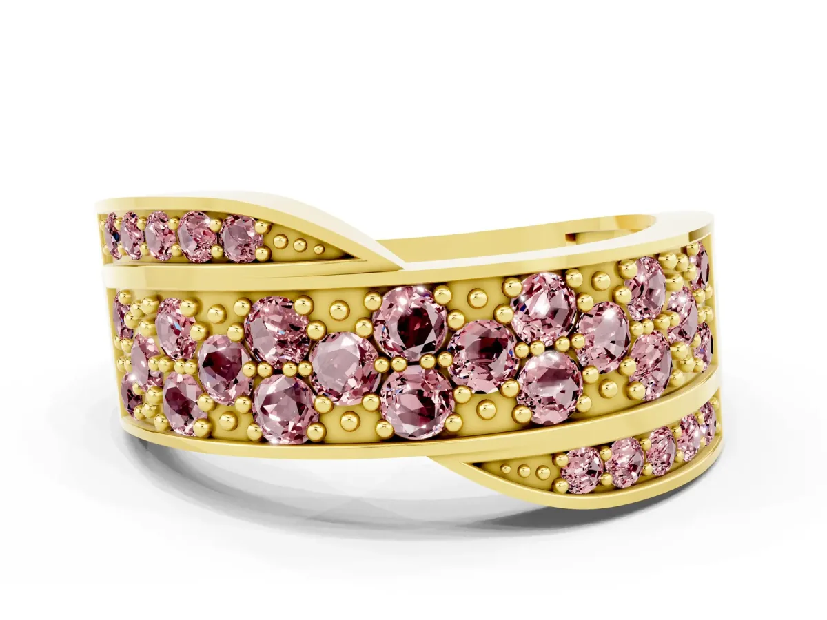 Pavé Round Morganite Crossover Band with Bead Prong Setting Yellow gold