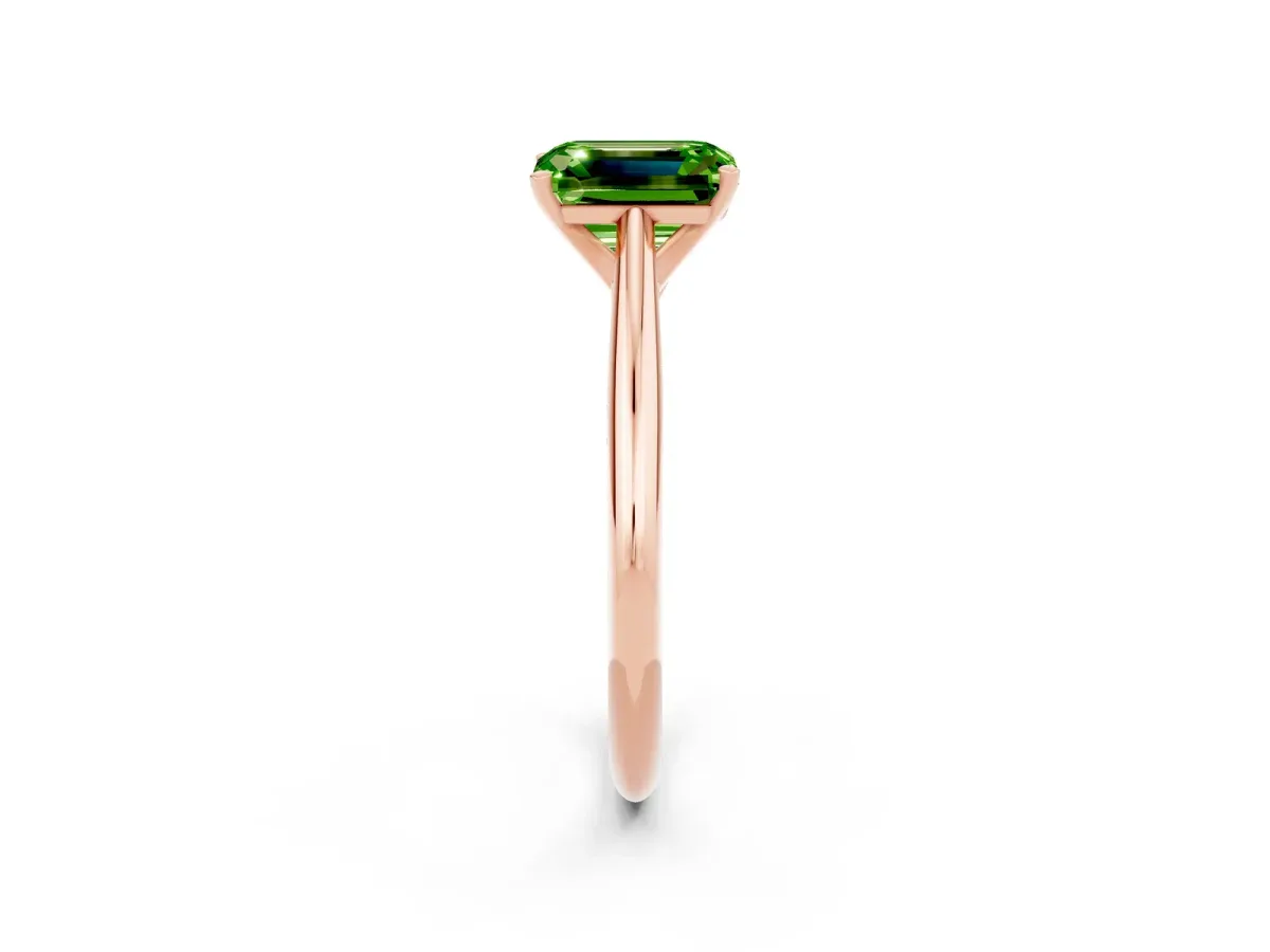 Emerald Cut Peridot Solitaire Engagement Ring with Cathedral Setting and Four-Prong Mount Rose gold