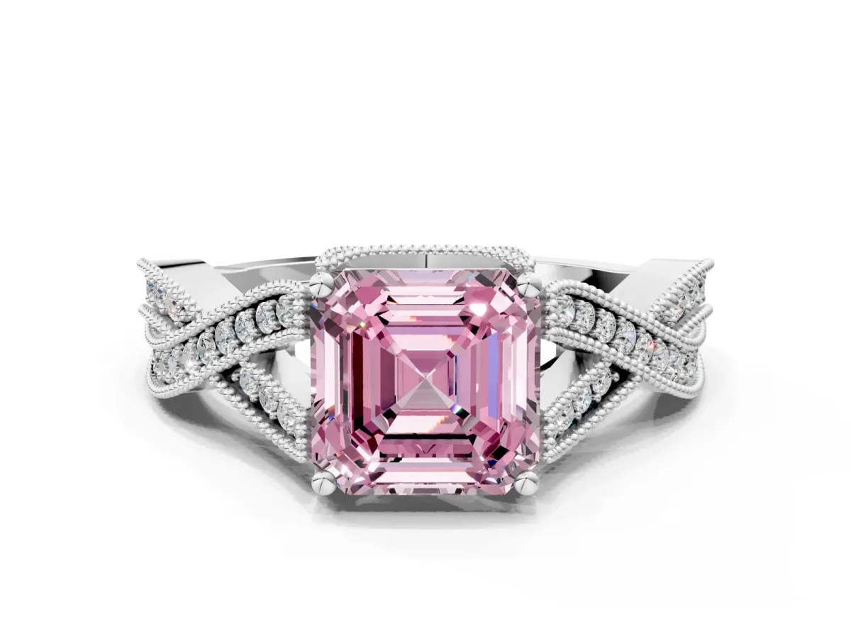Fancy Pink Asscher Cut Cut Diamond Twisted Band with Milgrain Pave Setting and Four-Prong Setting Platinum