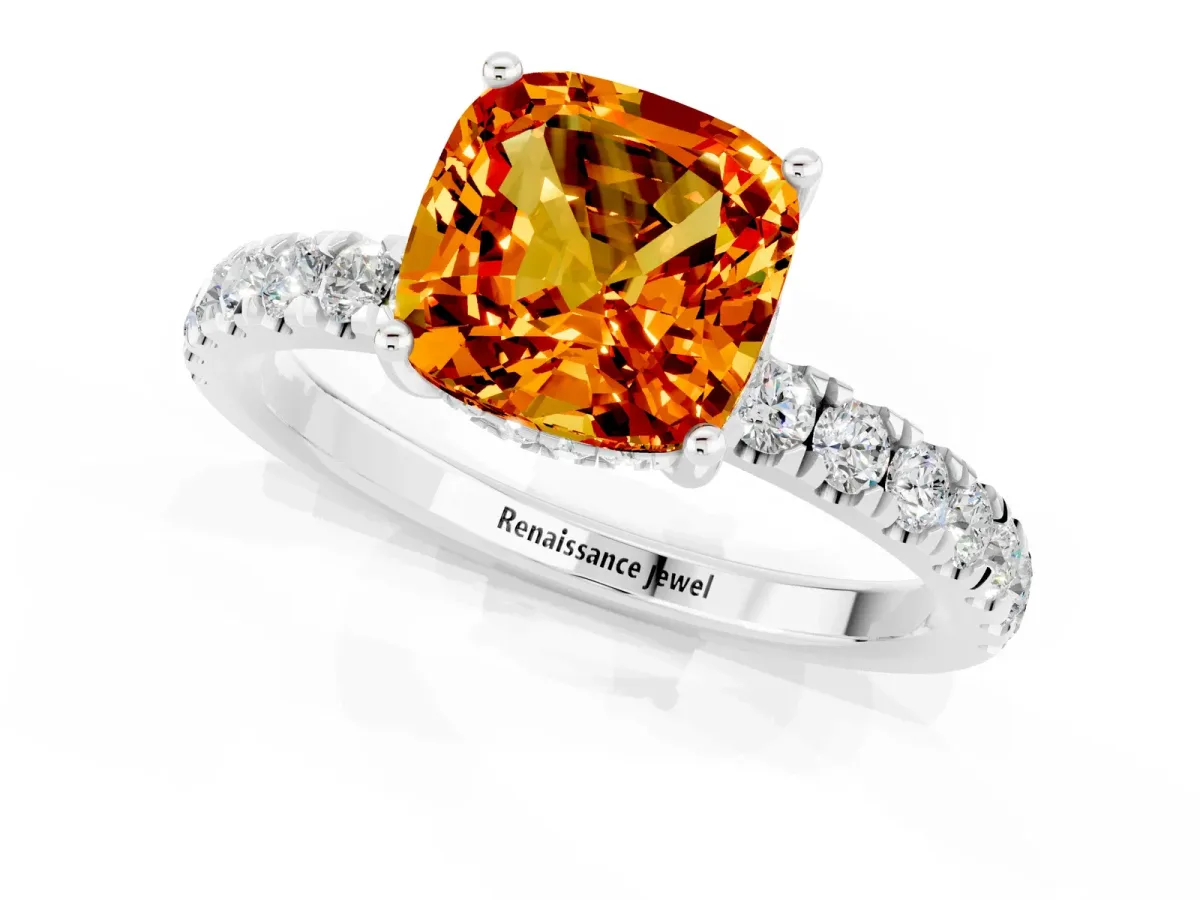 Cushion Cut Citrine Pave Band Solitaire Ring with Round and Prong Setting Platinum