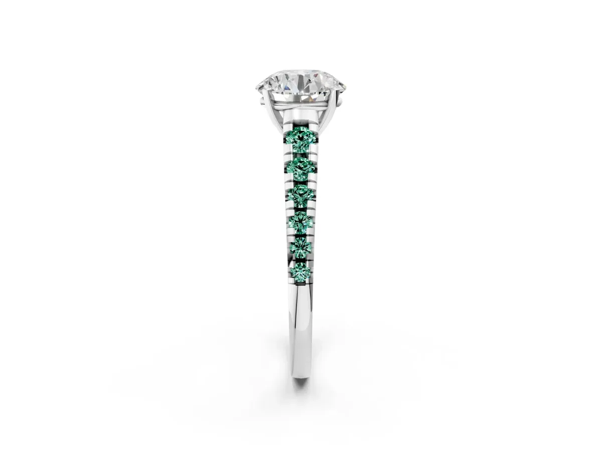 Round Cut Diamond Cathedral Solitaire Ring with Round Green Sapphire Pavé Band Silver