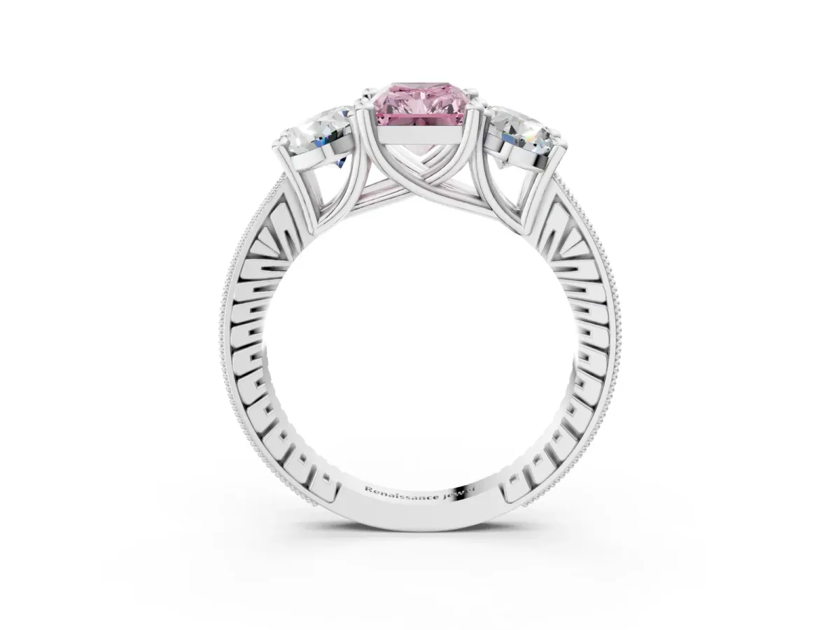 Fancy Pink Three-Stone Radiant Cut Diamond Milgrain Pave Band with Prong Setting Platinum