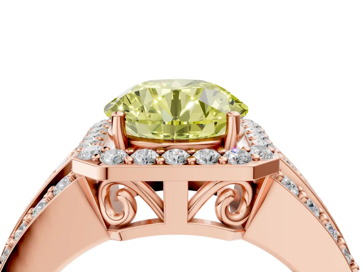 Fancy Yellow Round Cut Halo Diamond Ring with Round Split Shank and Prong Setting Rose gold