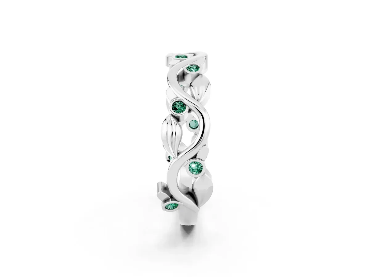 Round Green Sapphire Leaf Eternity Band with Bezel Setting White gold
