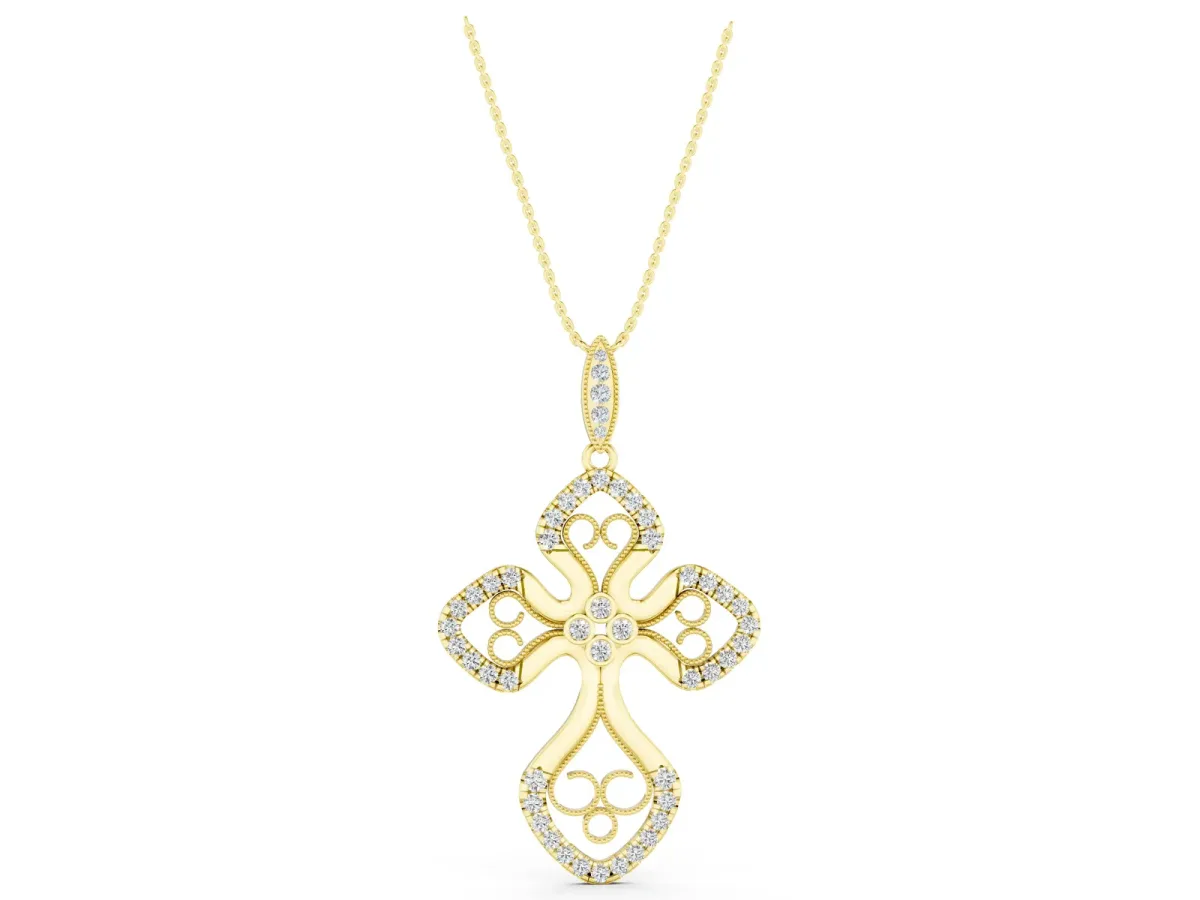 Diamond Pavé Round Milgrain Cross Pendant Yellow gold