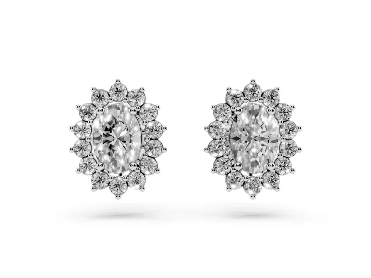 Oval Diamond Floral Halo Stud Earrings Platinum