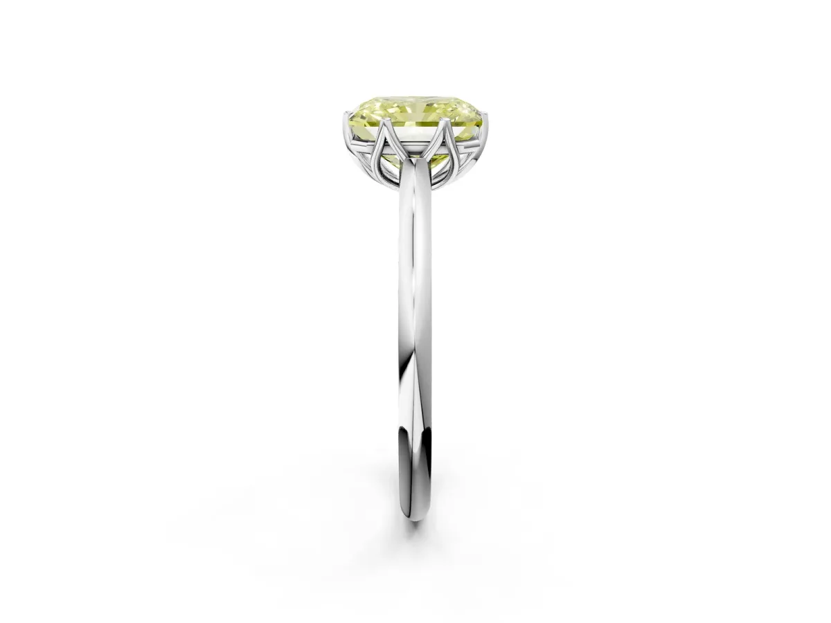 Fancy Yellow Radiant Cut Solitaire Cathedral Diamond Ring with Six-Prong Setting Platinum