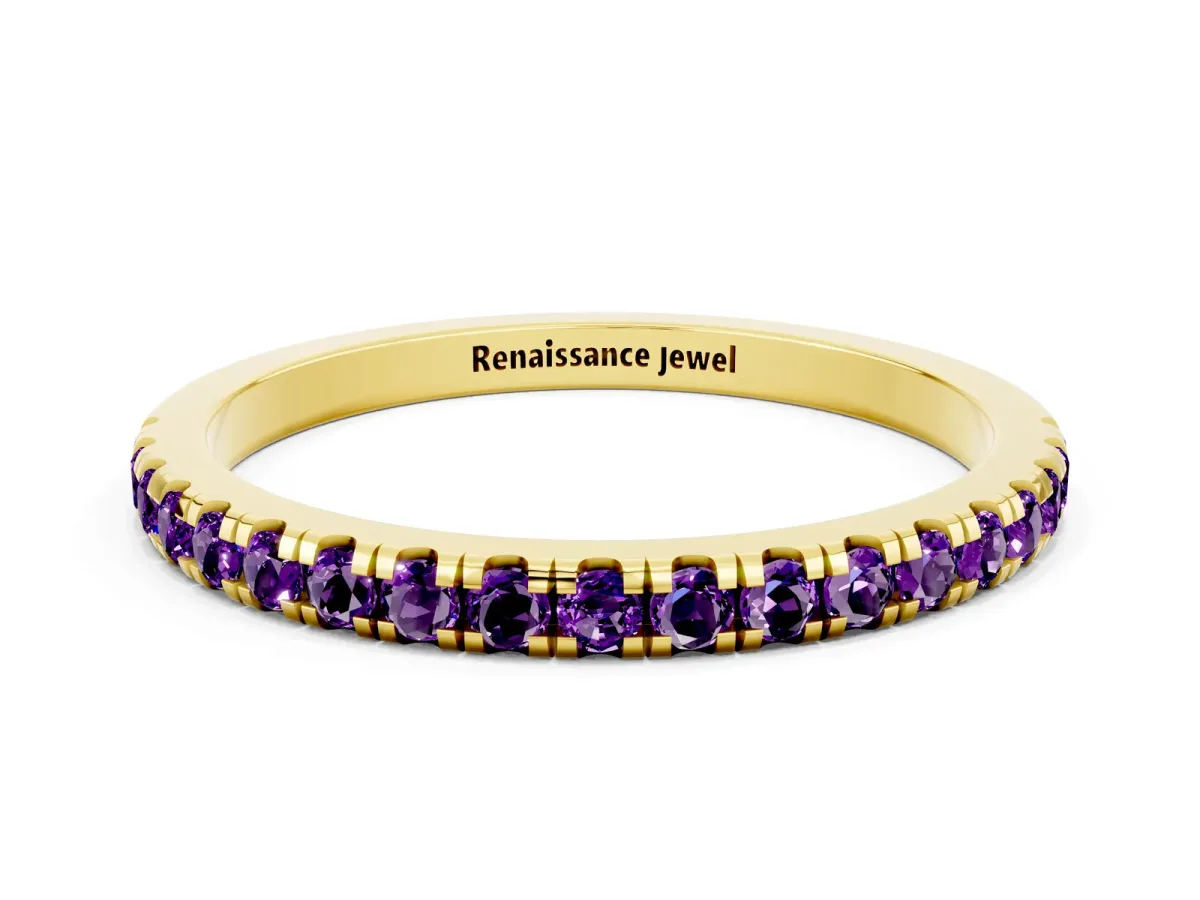 Pavé Round Amethyst Half Eternity Band with Shared Prong Setting Yellow gold