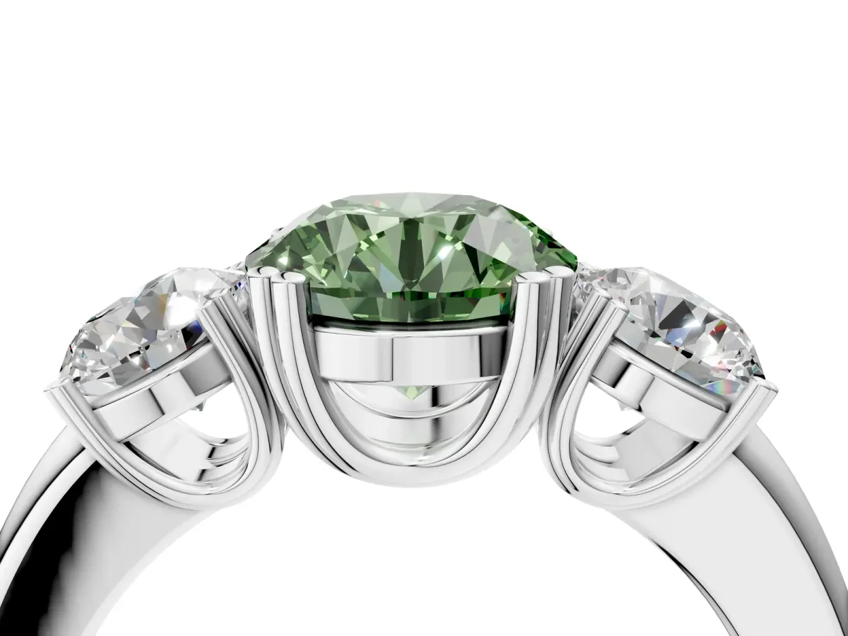 Fancy Green Three-Stone Round Cut Cut Diamond Ring with Channel Set Band and Four-Prong Setting Silver