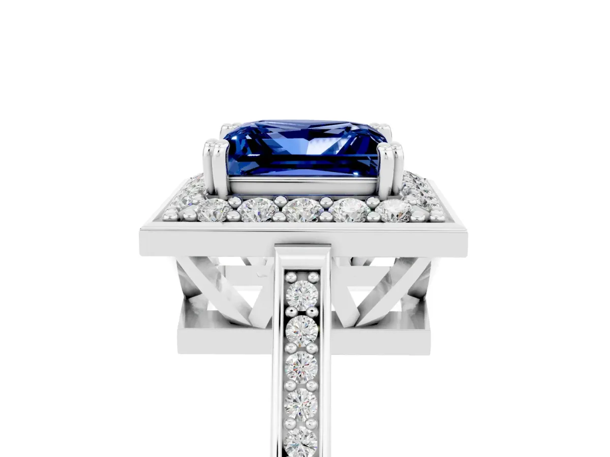 Princess Cut Blue Sapphire Halo Ring with Split Shank and Four-Prong Setting Platinum