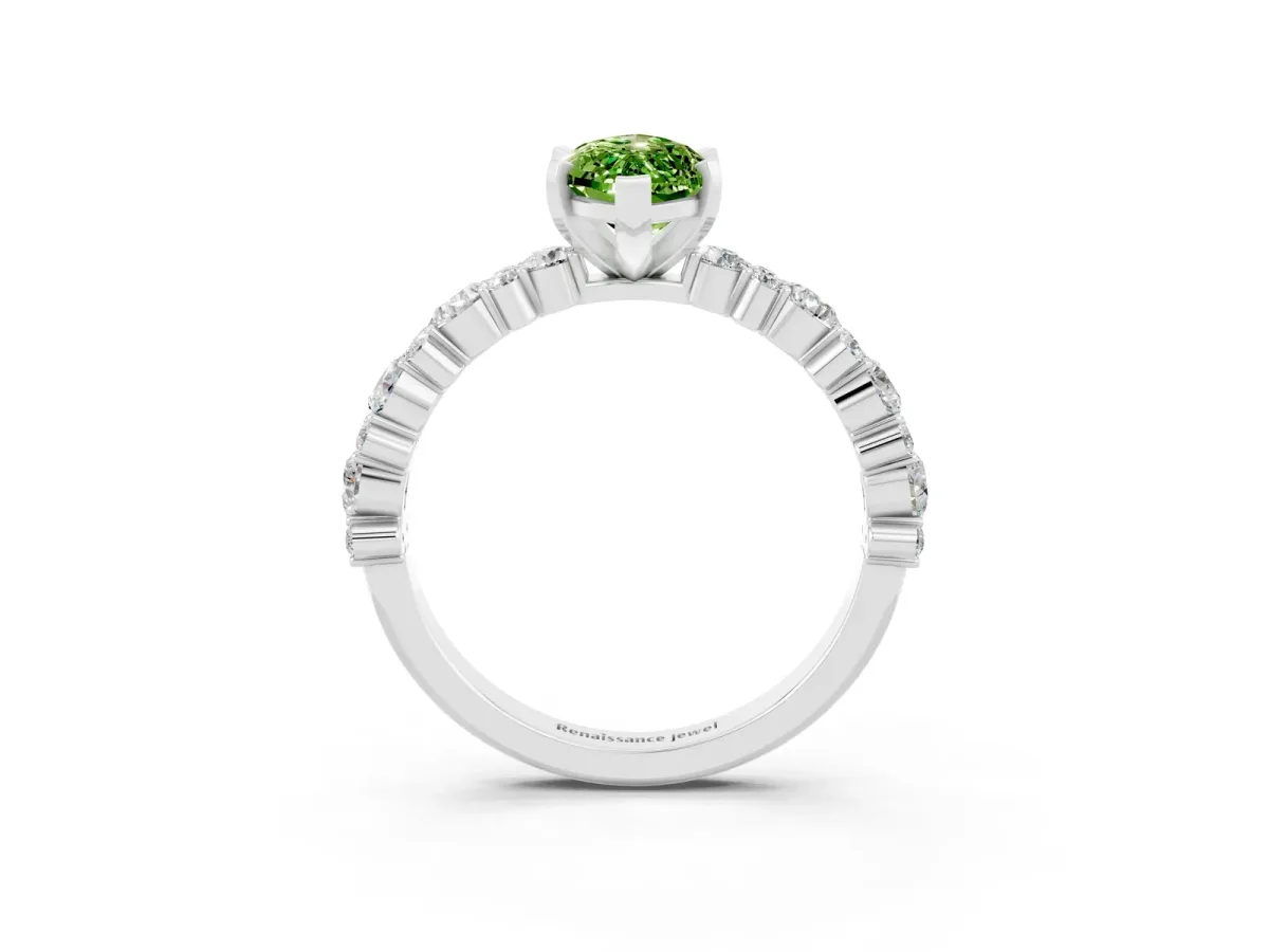 Marquise Cut Peridot Side Stone Solitaire Ring with Round and Four-Prong Setting White gold