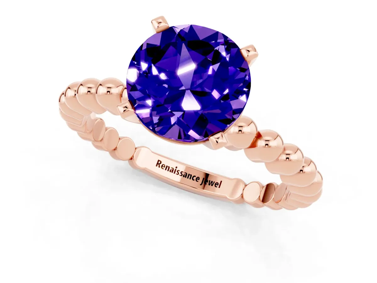 Round Cut Tanzanite Solitaire Ring with Beaded Band and Prong Setting Rose gold