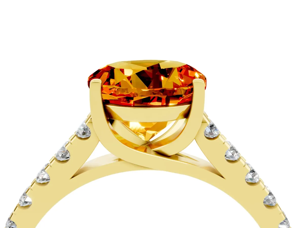Round Cut Citrine Pavé Band Solitaire Ring with Prong Setting Yellow gold