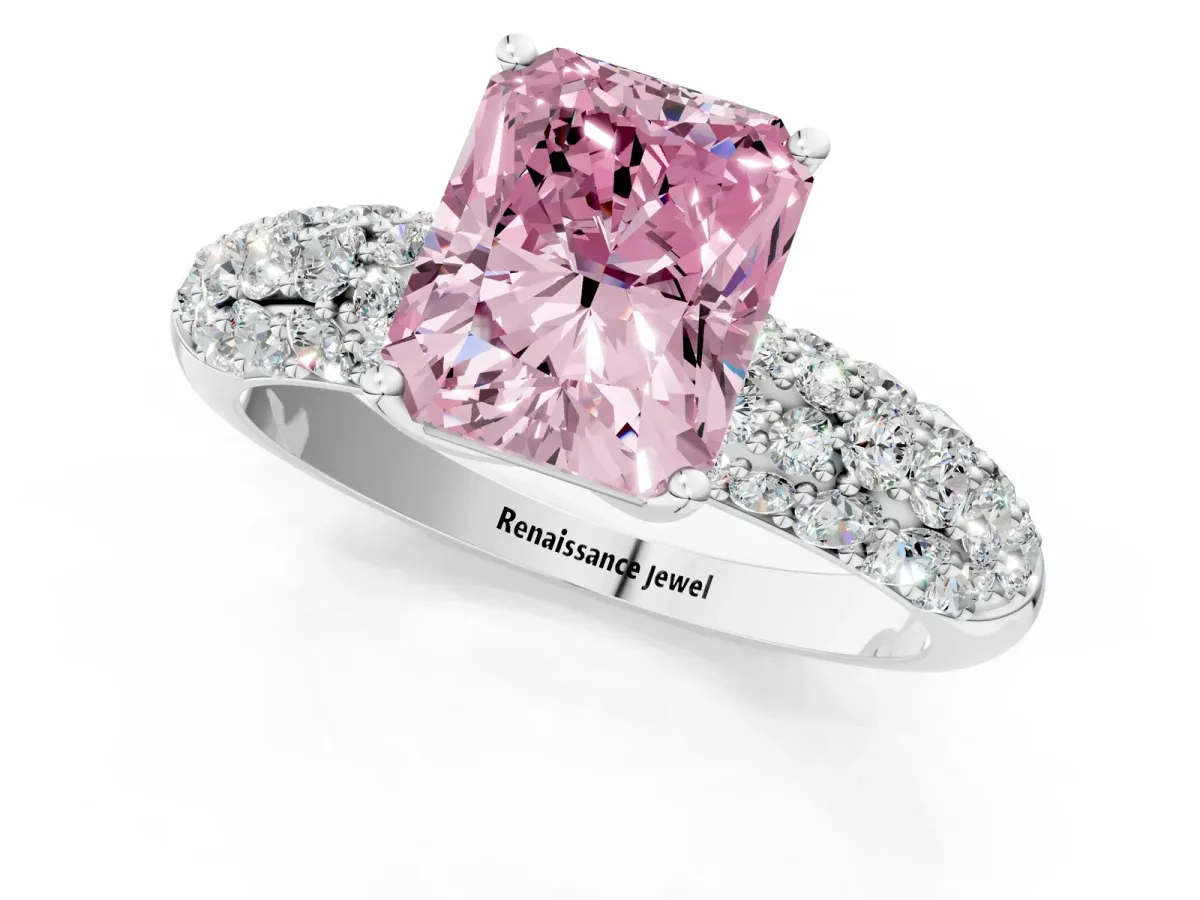 Fancy Pink Radiant Cut Diamond Pavé Band Solitaire Ring with Four-Prong Setting Platinum