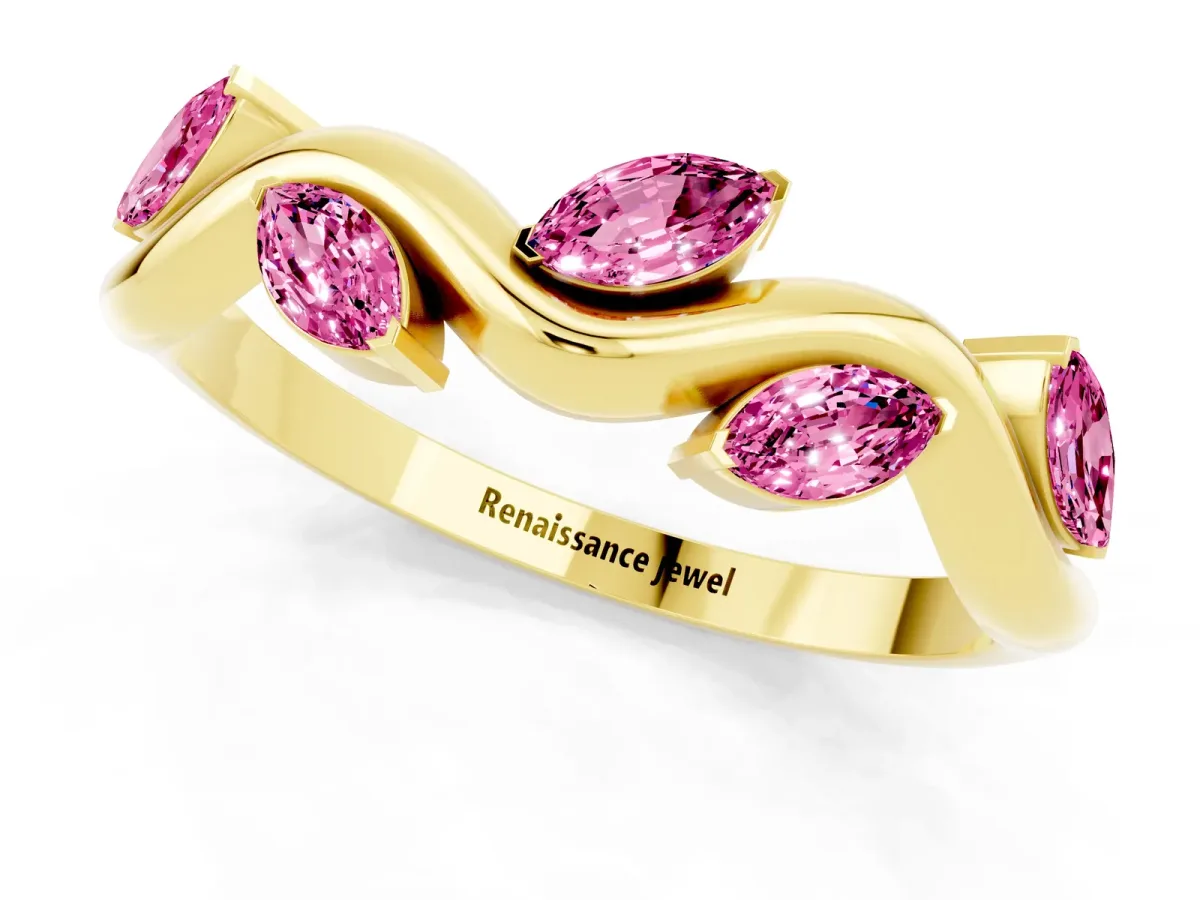 Marquise Pink Sapphire Twisted Band with Prong Setting Yellow gold