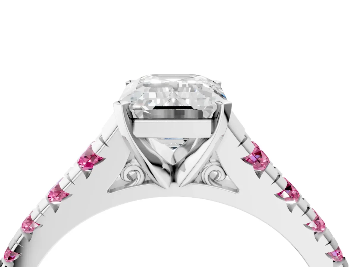 Emerald Cut Diamond Cathedral Solitaire Ring with Round Pink Sapphire Pavé Band Silver