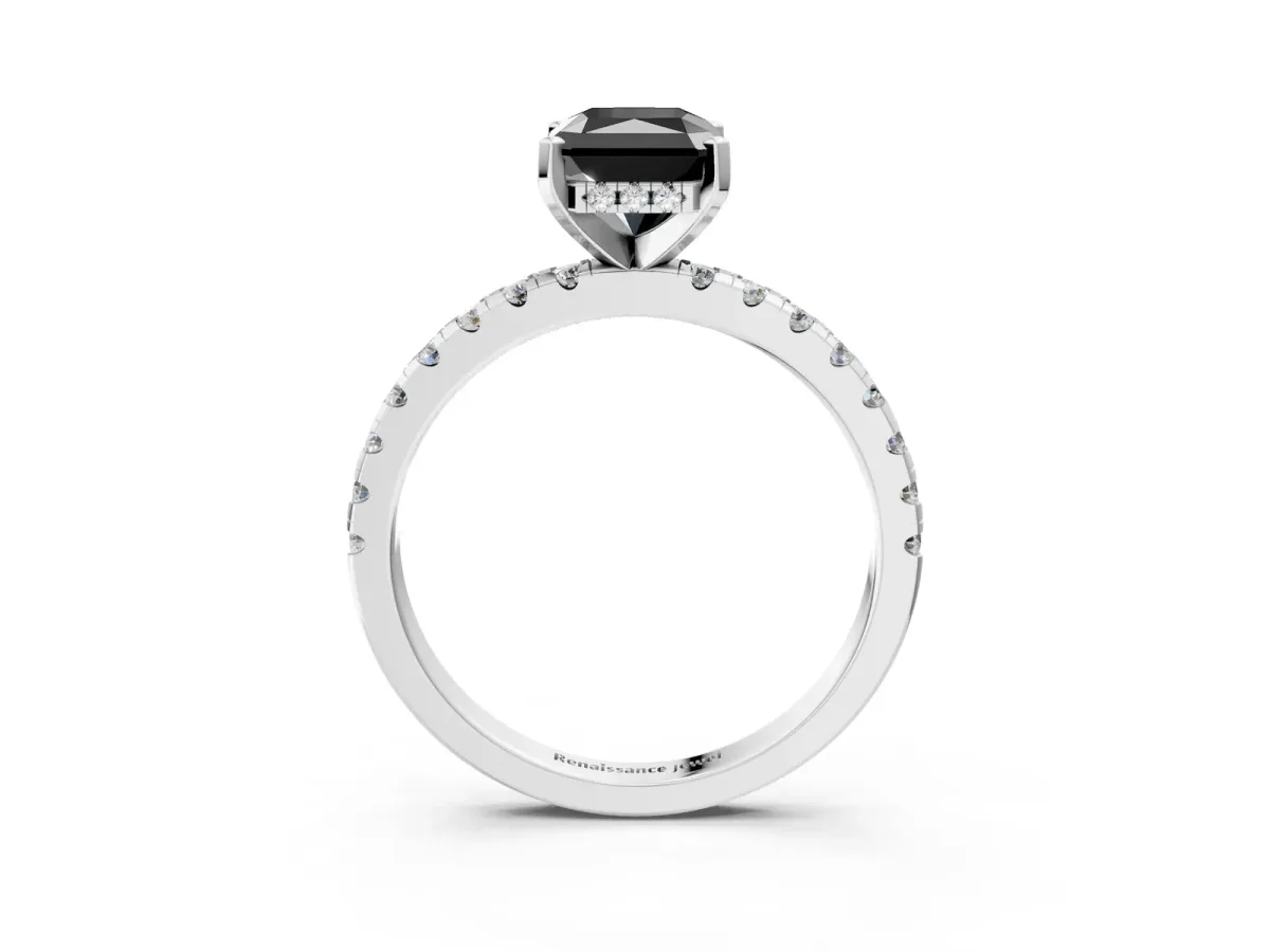 Fancy Black Radiant Cut Diamond Solitaire Ring with Round Pavé Band and Four-Prong Setting Silver