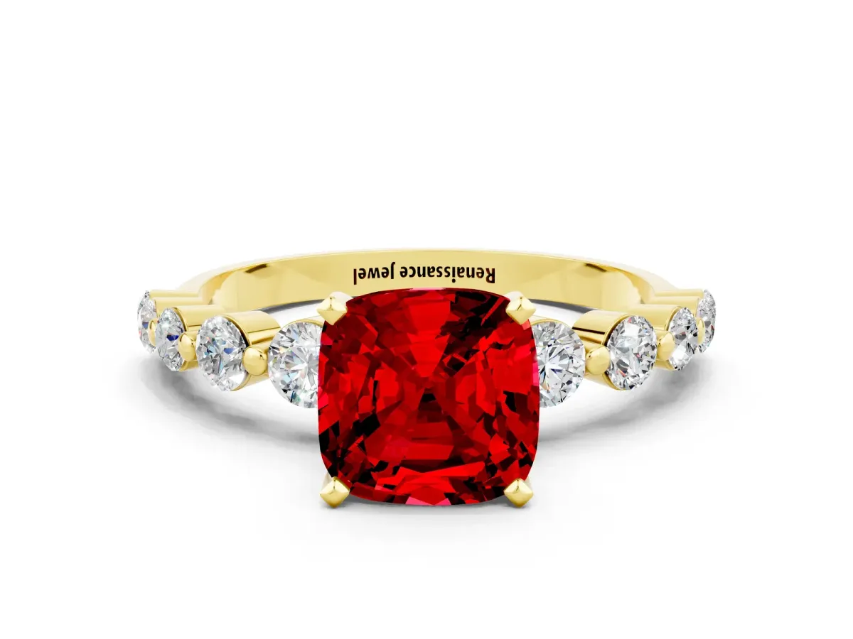 Cushion Cut Solitaire Ruby Ring with Pave Band and Four-Prong Setting Yellow gold