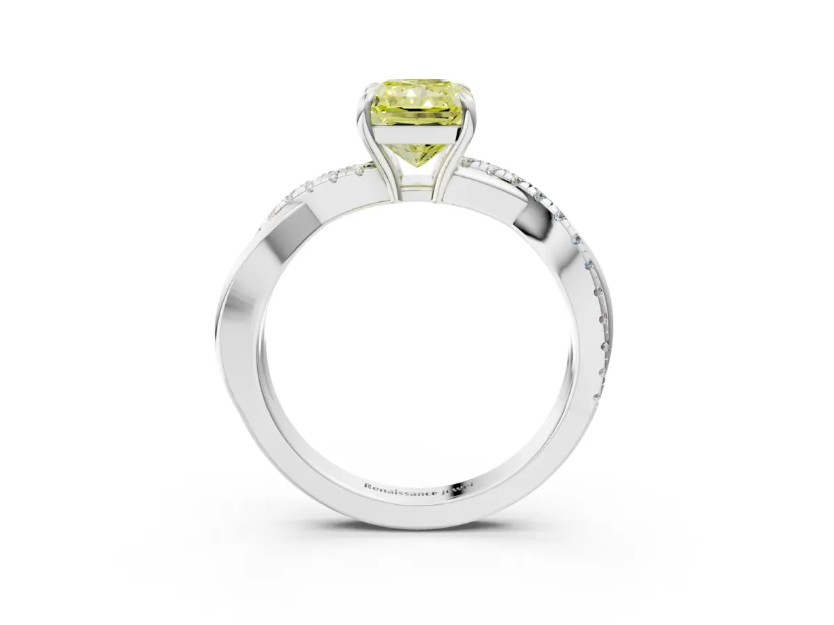 Fancy Yellow Radiant Cut Cut Diamond Twisted Band with Pavé Setting and Four-Prong Setting Platinum