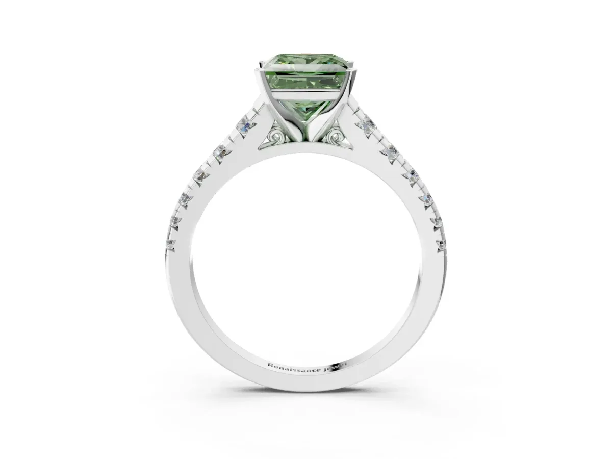 Fancy Green Princess Cut Diamond Cathedral Solitaire Ring with Round Pavé Band Silver