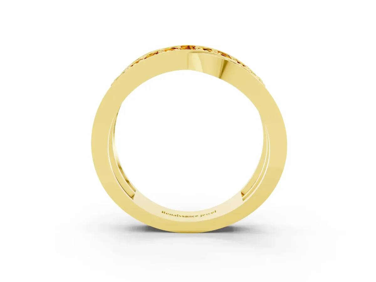 Pavé Round Citrine Crossover Band with Bead Prong Setting Yellow gold