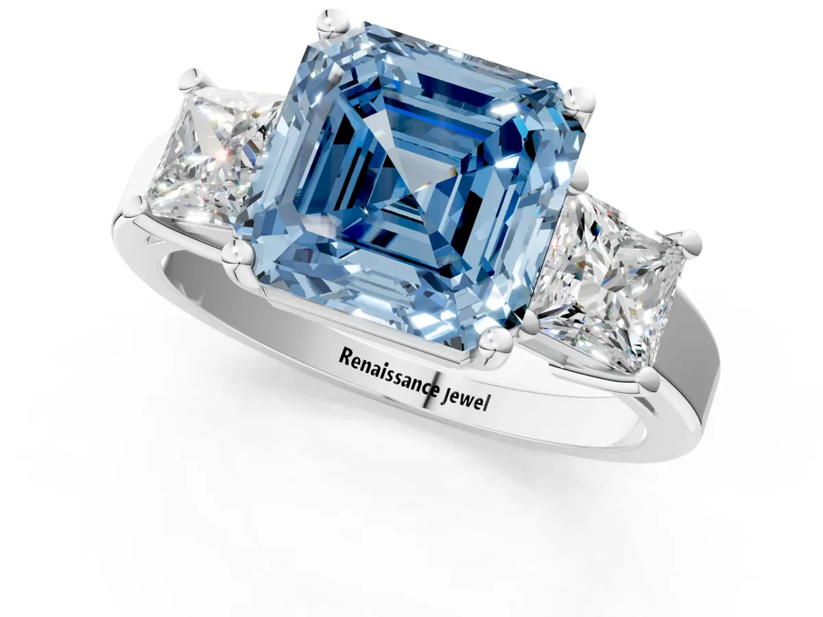 Fancy Blue Three-Stone Asscher Cut Cut Solitaire Ring with Prong Setting Platinum