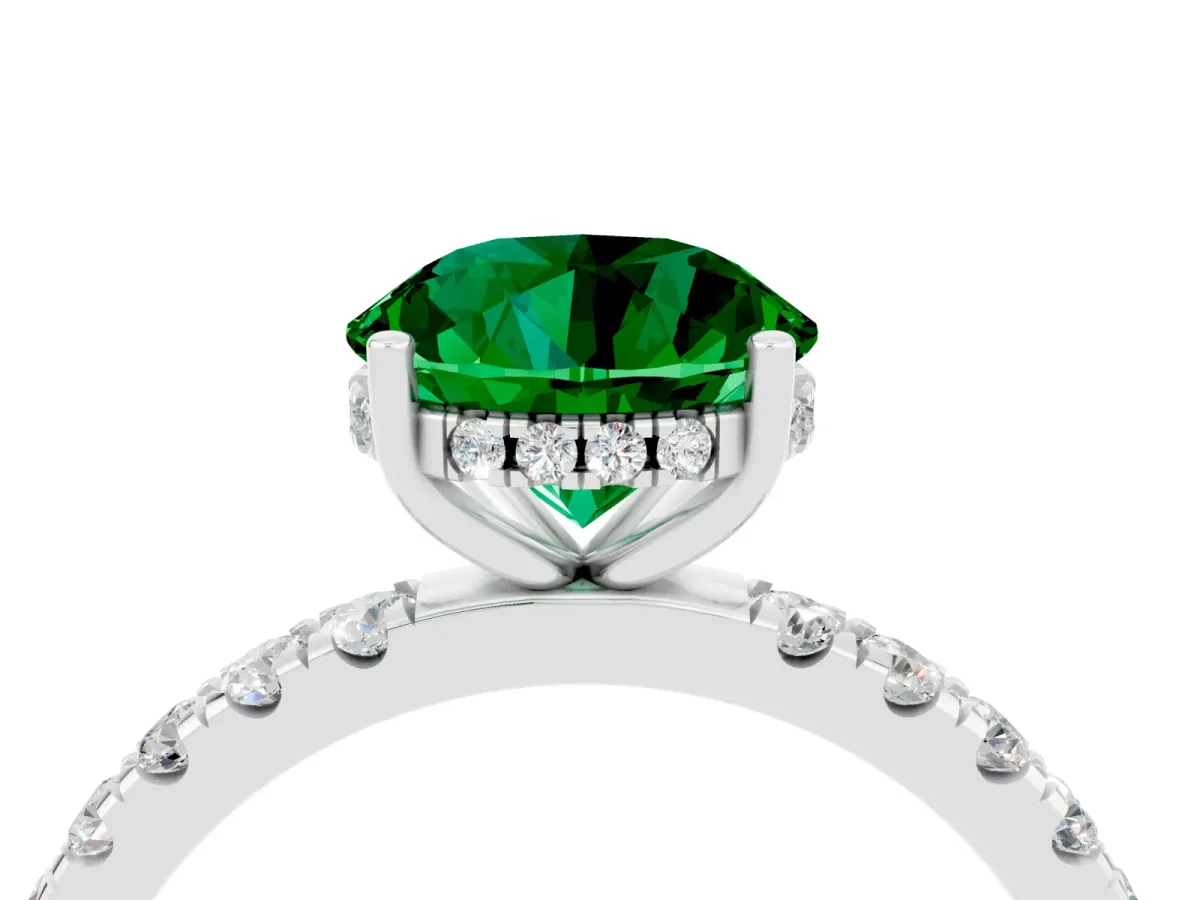 Round Cut Emerald Pave Band Solitaire Ring with Round and Prong Setting Silver