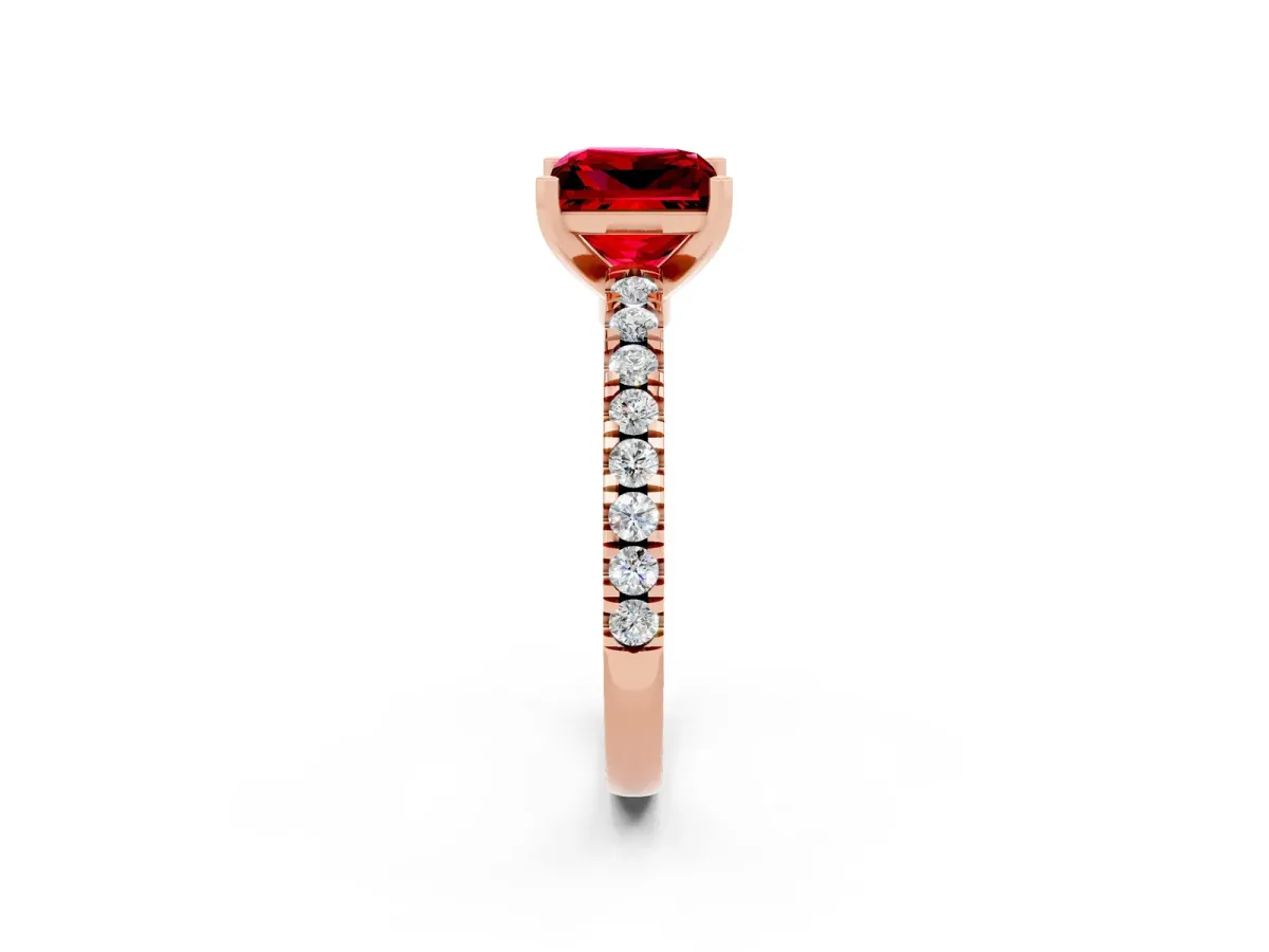 Princess Cut Solitaire Ruby with Pavé Band and Four-Prong Setting Rose gold