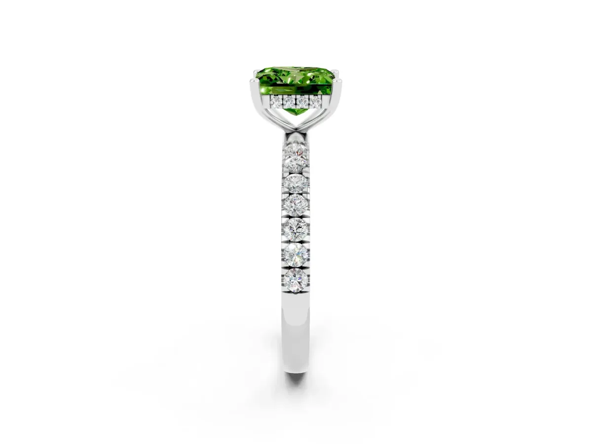 Princess Cut Peridot Pave Band Solitaire Ring with Round and Prong Setting Platinum