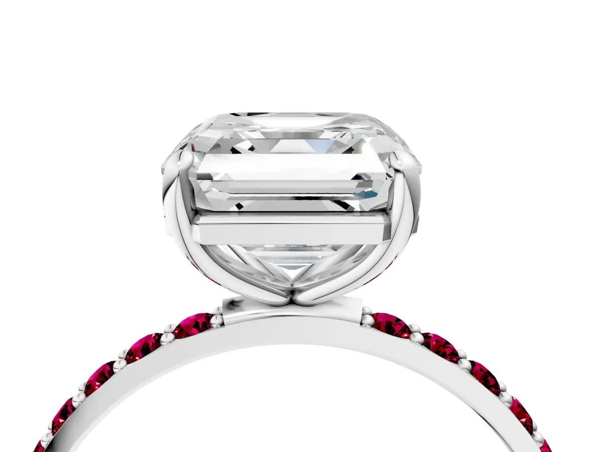 Asscher Cut Diamond Solitaire Ring with Round Garnet Pavé Band and Prong Setting Silver