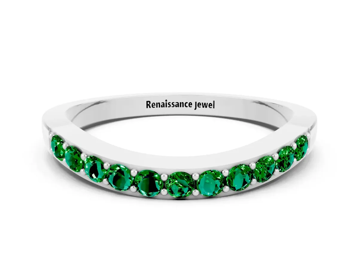 Round Emerald Curved Wedding Band with Channel Setting Platinum