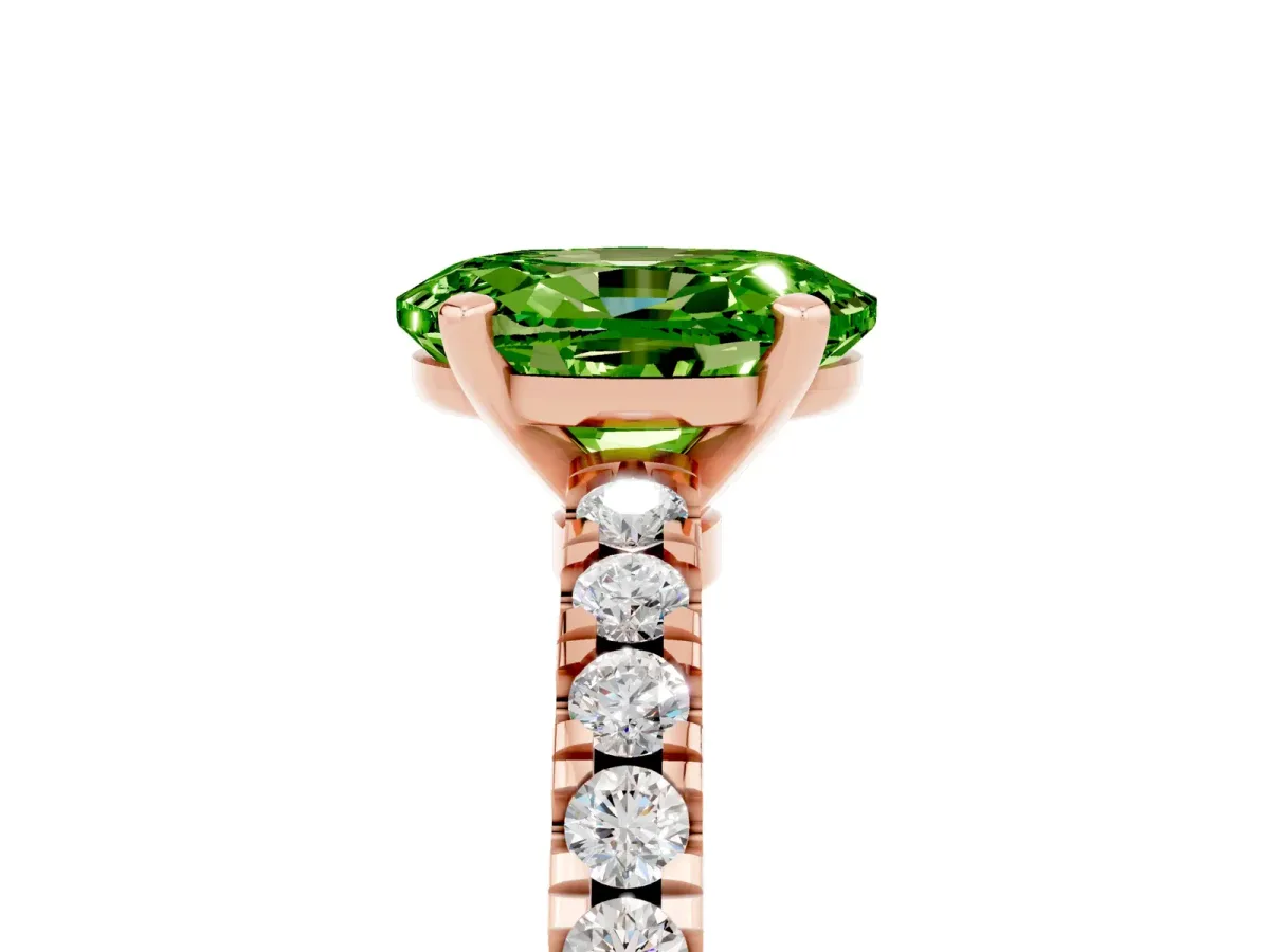 Oval Cut Solitaire Peridot with Pavé Band and Four-Prong Setting Rose gold