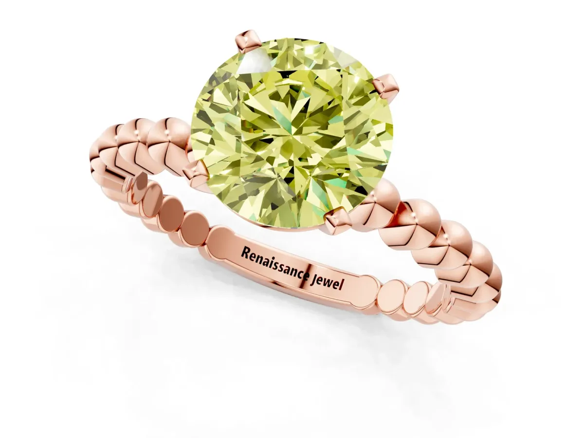Fancy Yellow Round Cut Diamond Solitaire Ring with Beaded Band and Prong Setting Rose gold