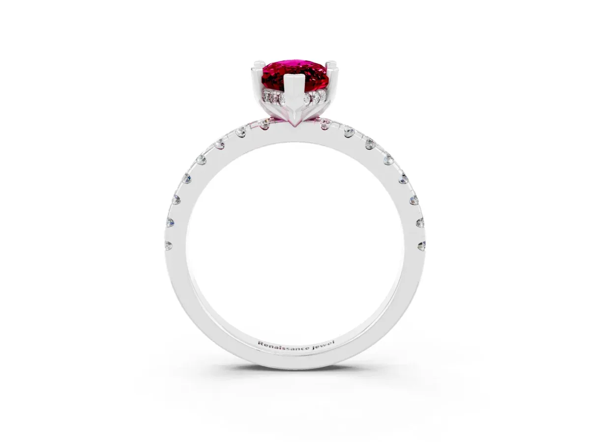 Marquise Cut Garnet Solitaire Ring with Round Pavé Band and Four-Prong Setting Silver