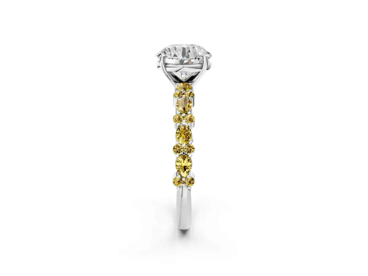 Round Cut Diamond Side Stone Solitaire Ring with Round Yellow Sapphire and Four-Prong Setting Silver