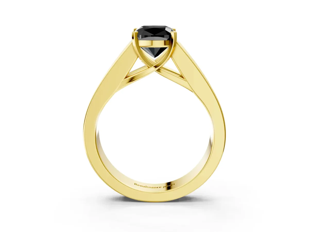 Fancy Black Cushion Cut Cut Channel Set Solitaire Ring with Four-Prong Setting Yellow gold