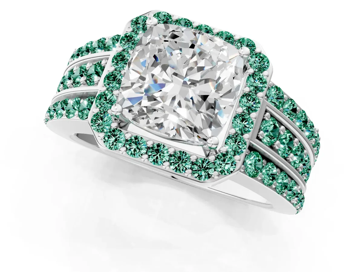 Cushion Cut Halo Diamond Ring with Round Green Sapphire Split Shank and Prong Setting Silver