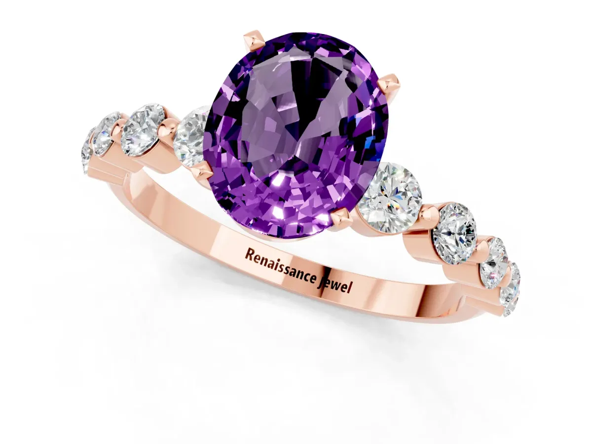 Oval Cut Solitaire Amethyst Ring with Pave Band and Four-Prong Setting Rose gold