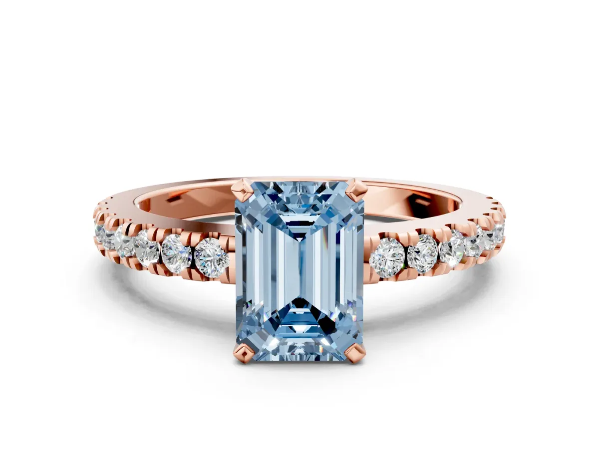 Fancy Blue Emerald Cut Solitaire Diamond with Pavé Band and Four-Prong Setting Rose gold