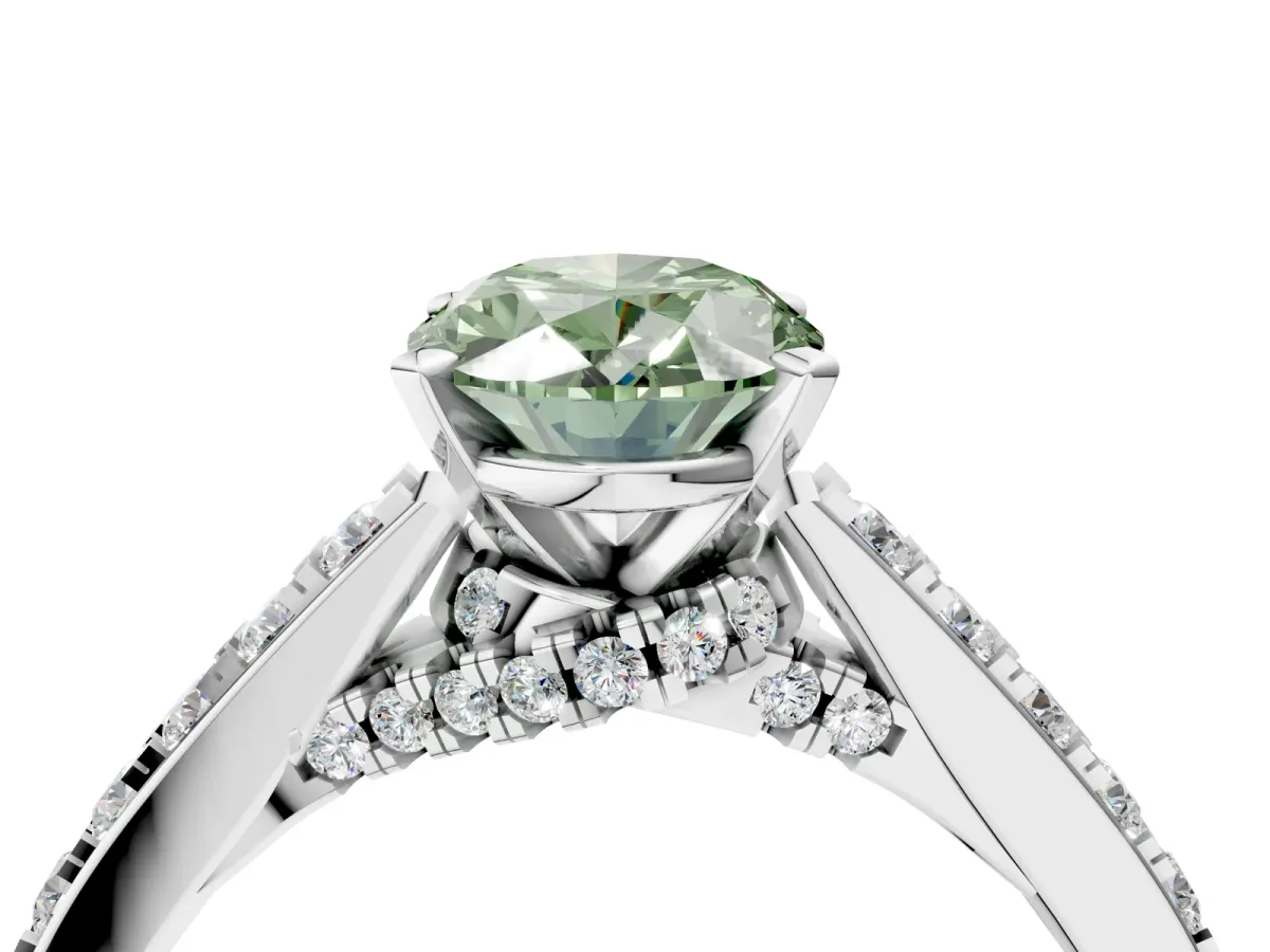 Fancy Green Oval Cut Diamond Solitaire Ring with Crossover Gallery and Round Pavé Band Silver